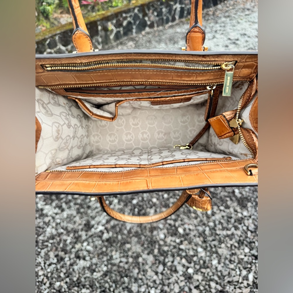 MICHAEL Michael Kors Croc-Embossed Leather & Canvas Satchel Tote with Strap - Picture 12 of 16